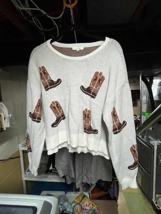 No Comment Sweaters - Womens Cowboy Boot Pattern Knit Sweater - White/Brown Size Large NWT
